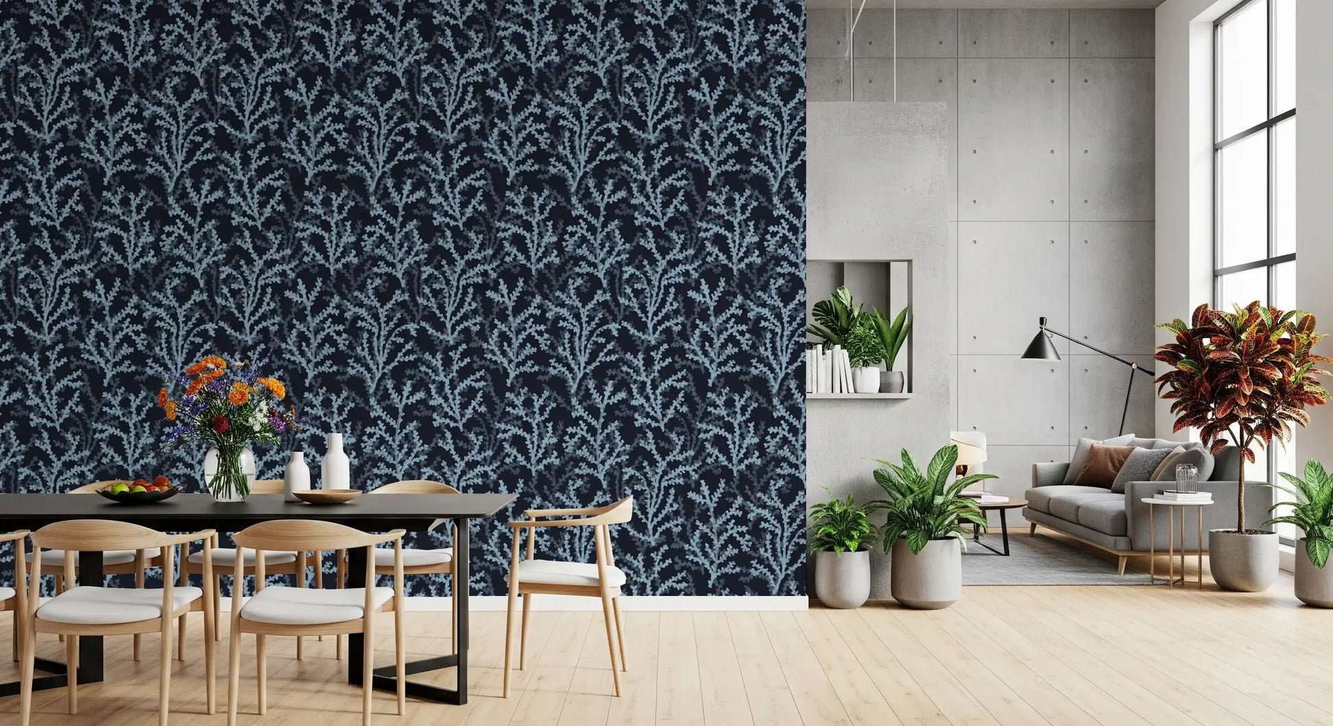 Abstract branch pattern on dark Blue wallpaper for contemporary dining space.