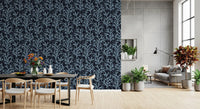 Abstract branch pattern on dark Blue wallpaper for contemporary dining space.