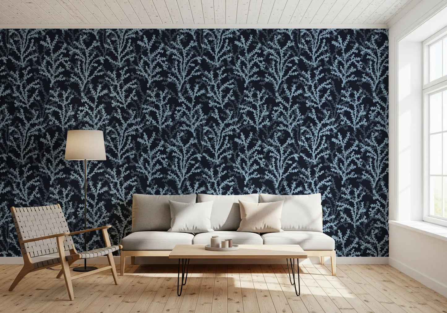Marine inspired Coraline wallpaper with blue tones for sunlit living room.