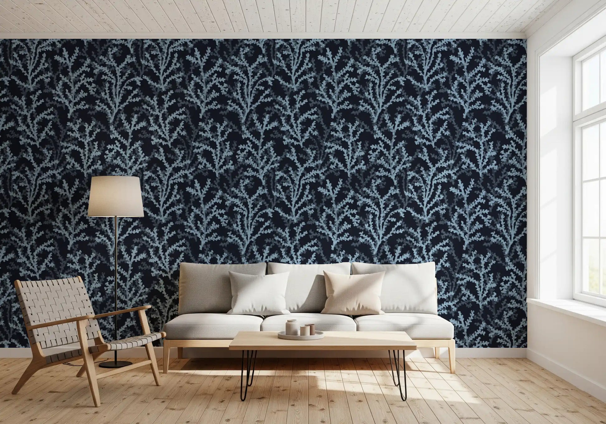 Marine inspired Coraline wallpaper with blue tones for sunlit living room.