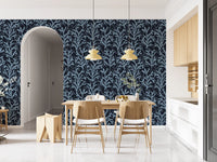 Dark blue and light blue Coraline print wallpaper for dining room interior.