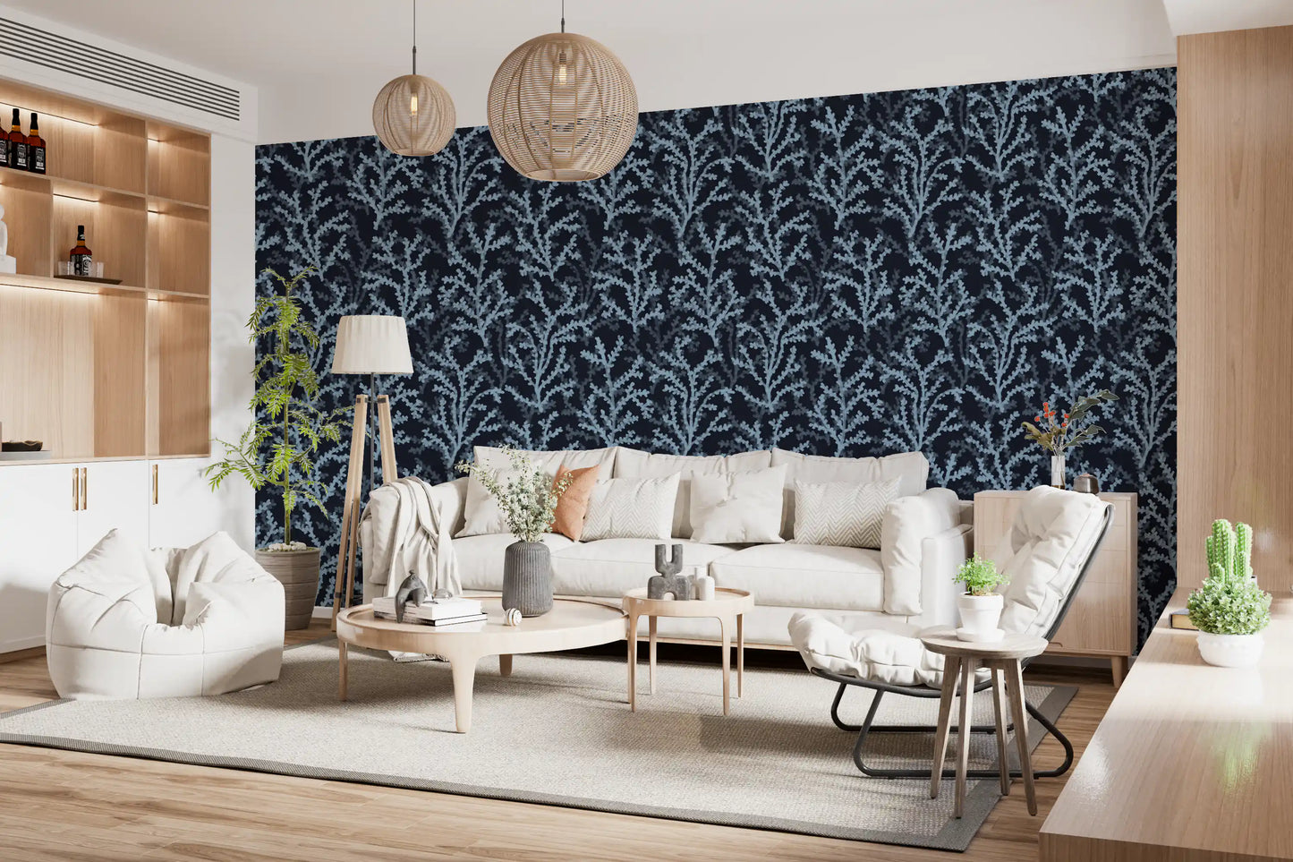 Botanical sea branch pattern Blue wallpaper for modern hallway interior.