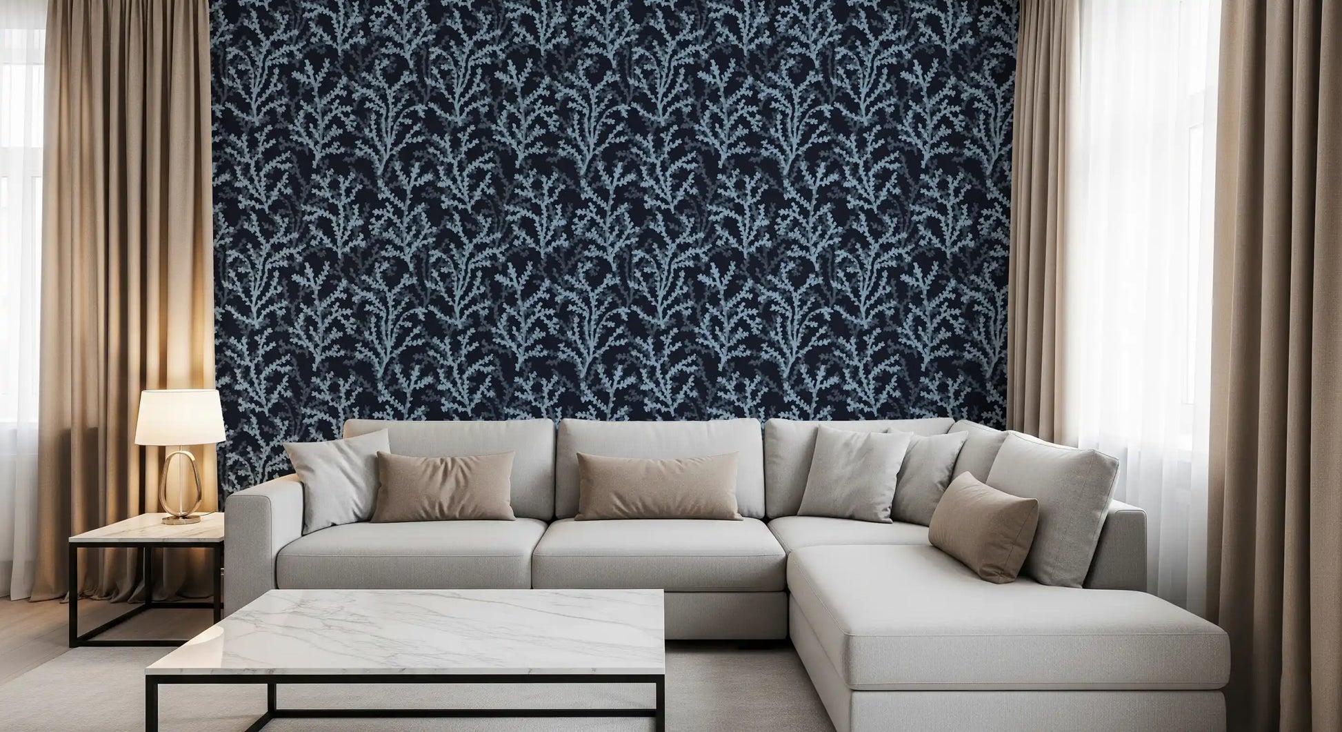 Light blue branches on Dark navy background wallpaper for home interiors.