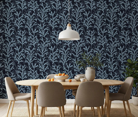 Painted Coraline Dreaming Blue Dark Wallpaper for modern dining room space.