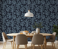 Painted Coraline Dreaming Blue Dark Wallpaper for modern dining room space.