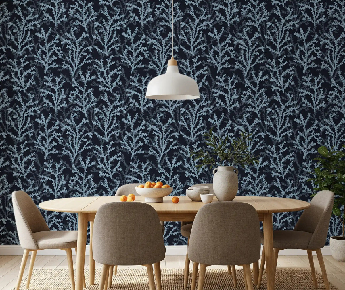 Painted Coraline Dreaming Blue Dark Wallpaper for modern dining room space., GD9879