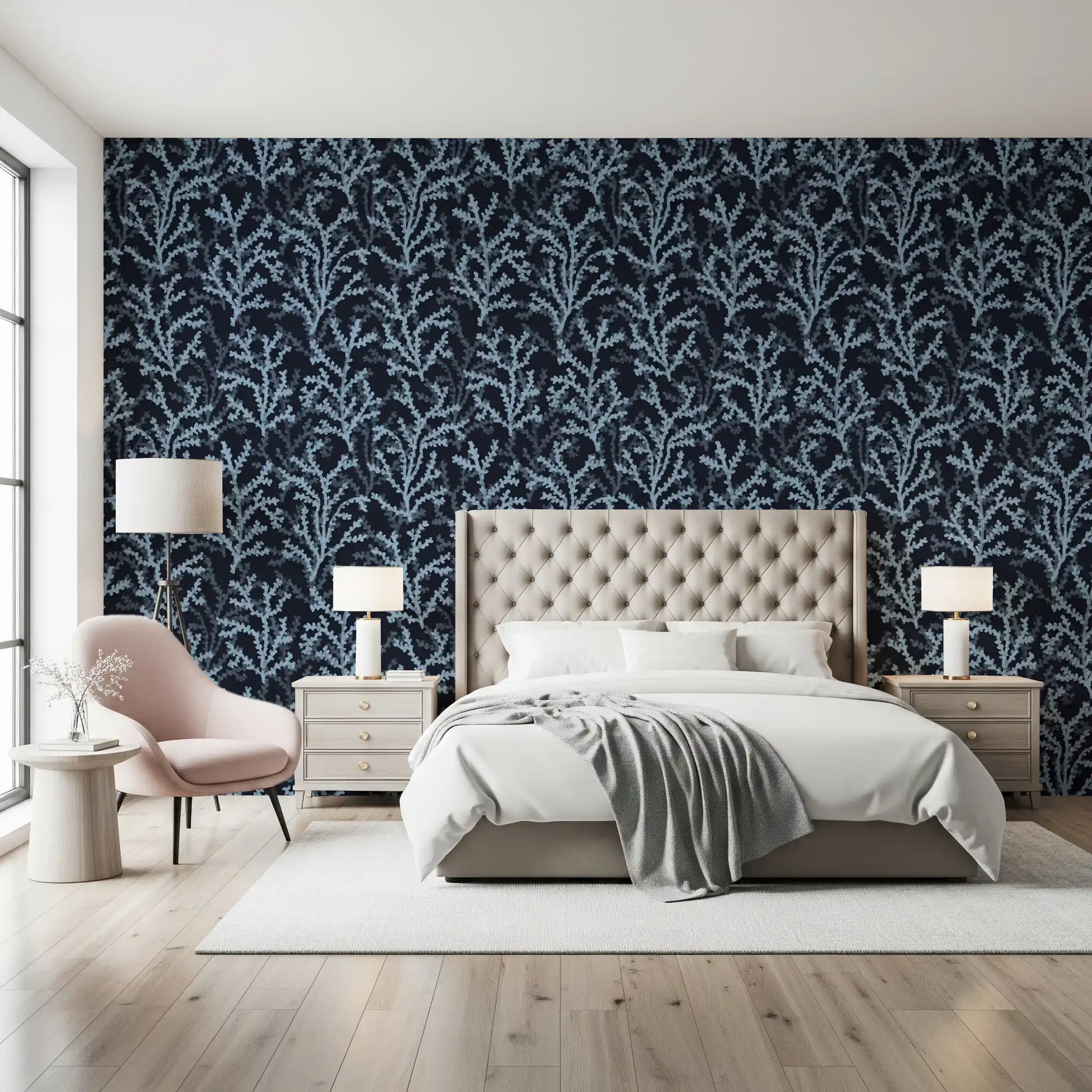 Bedroom styling with Painted Coraline Dreaming Blue Wallpaper design.
