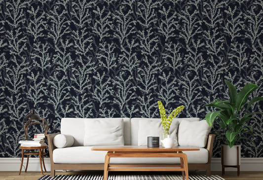 Painted Coraline Greenish Grey Dark Wallpaper for modern living room interior walls.