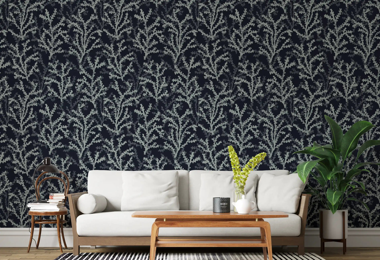 Painted Coraline Greenish Grey Dark Wallpaper for modern living room interior walls.