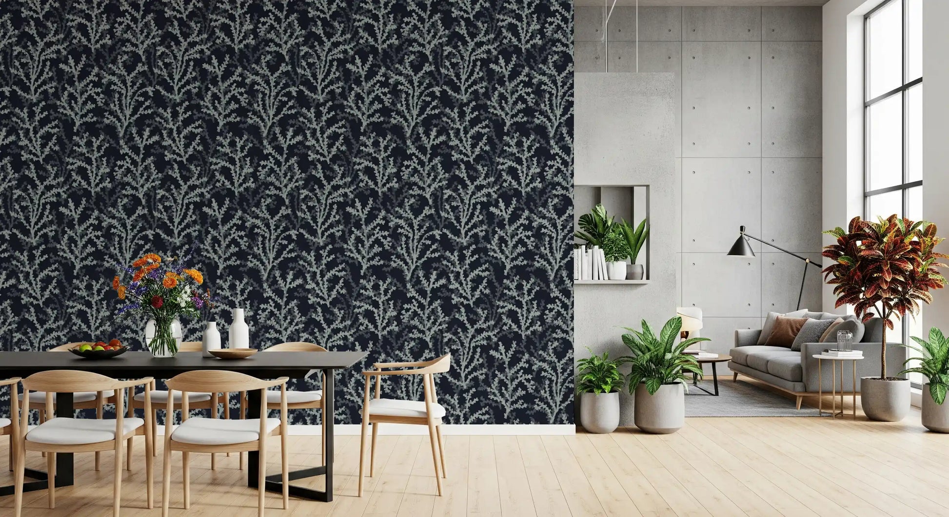 Coraline patterned wallpaper featuring light branch designs on dark background.