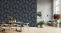 Coraline patterned wallpaper featuring light branch designs on dark background.