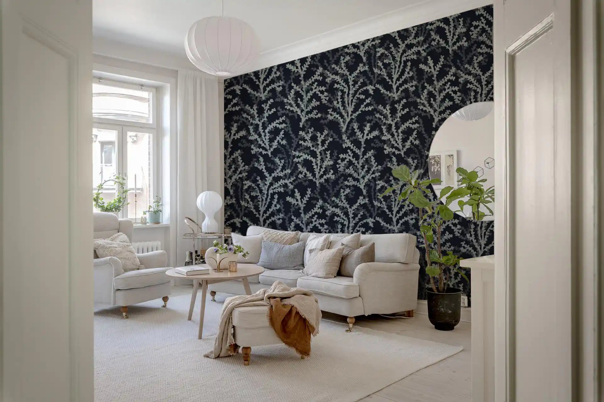 Install Painted Coraline Greenish Grey Dark Wallpaper in living rooms.