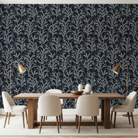 Greenish branch silhouette wallpaper for contemporary dining room interior styling.