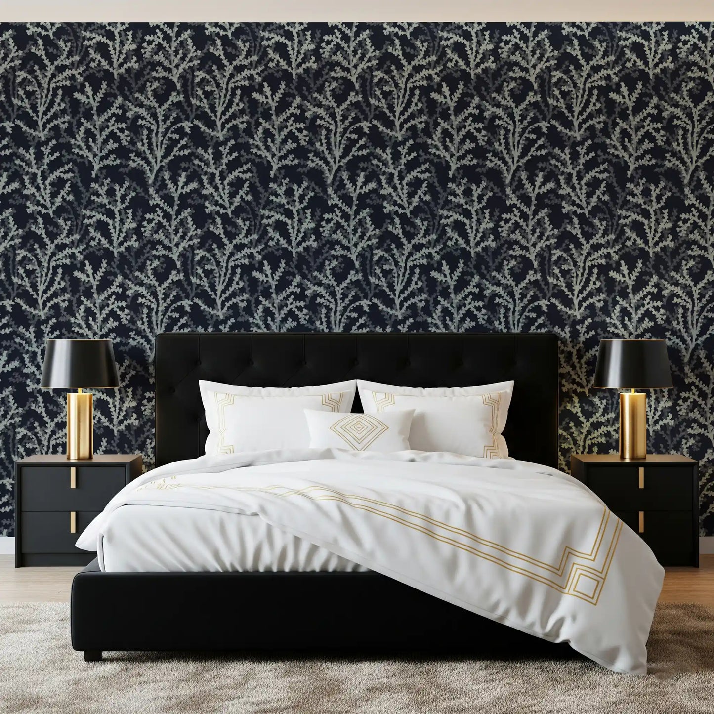 Painted effect wallpaper with repeating natural branch motifs styling.