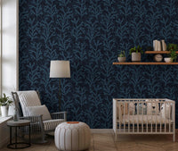 Coraline pattern wallpaper showing dark blue branches and painted texture.