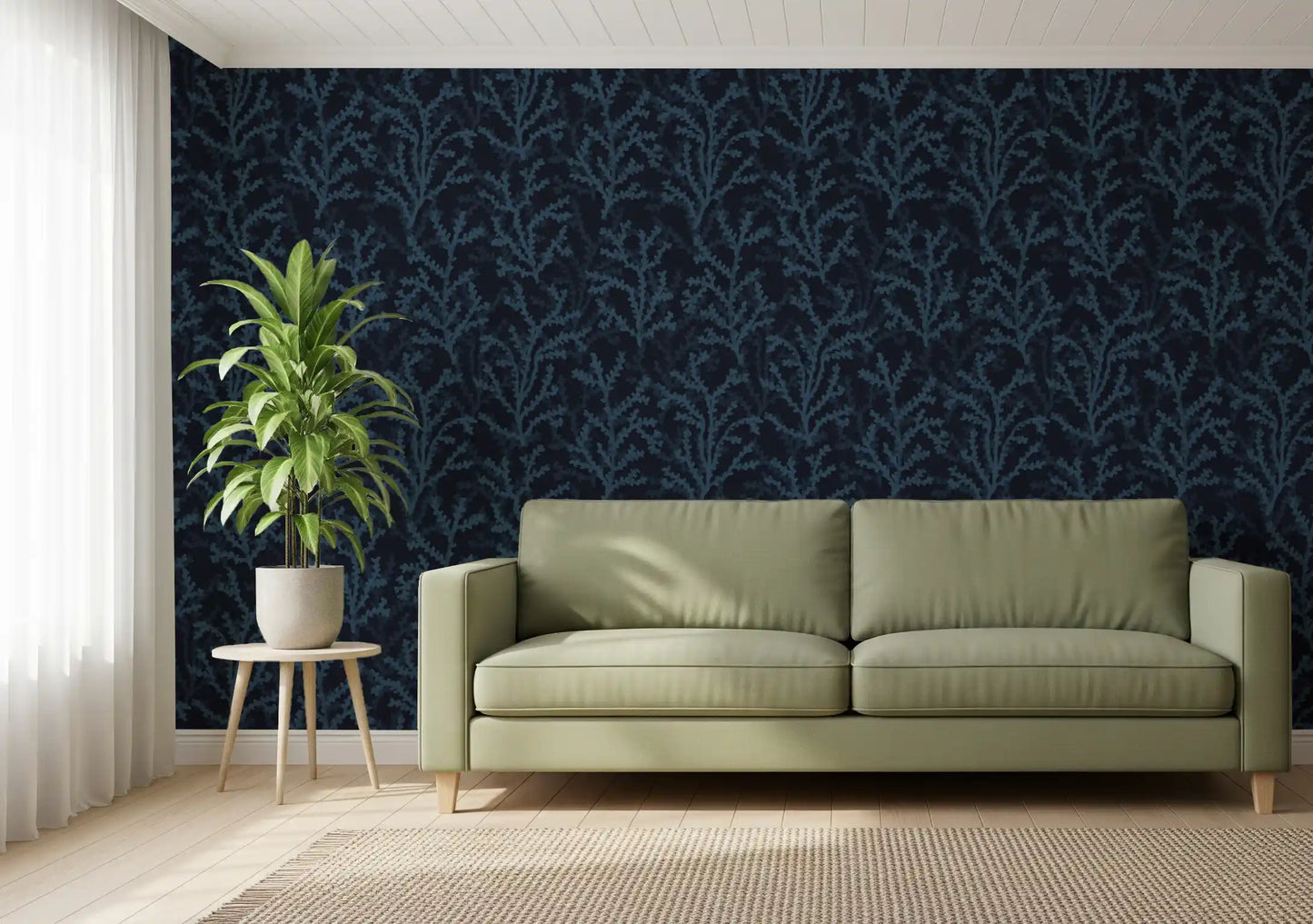 Painted Coraline Indian Teal Dark Wallpaper in a modern dark living room.
