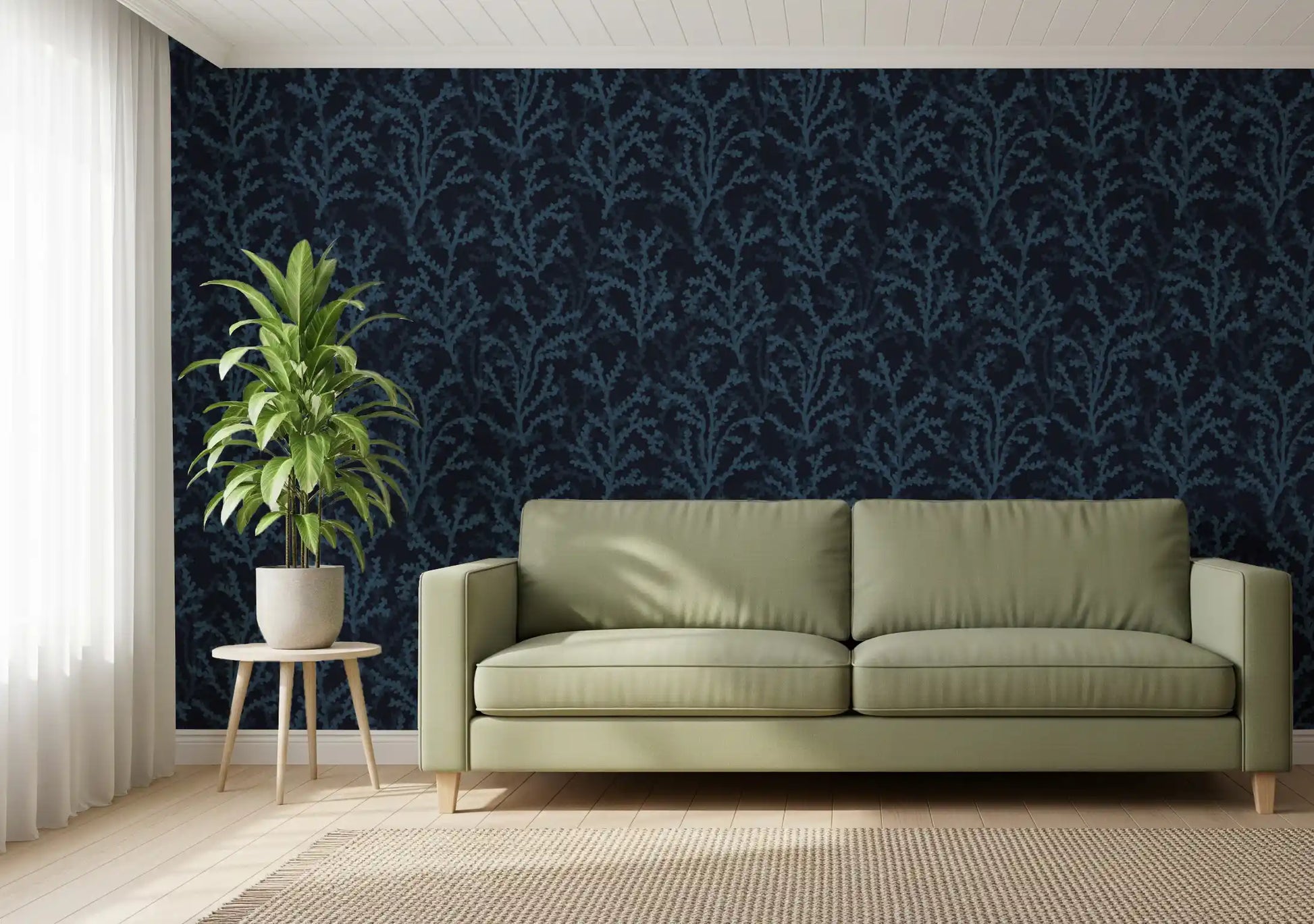 Painted Coraline Indian Teal Dark Wallpaper in a modern dark living room.