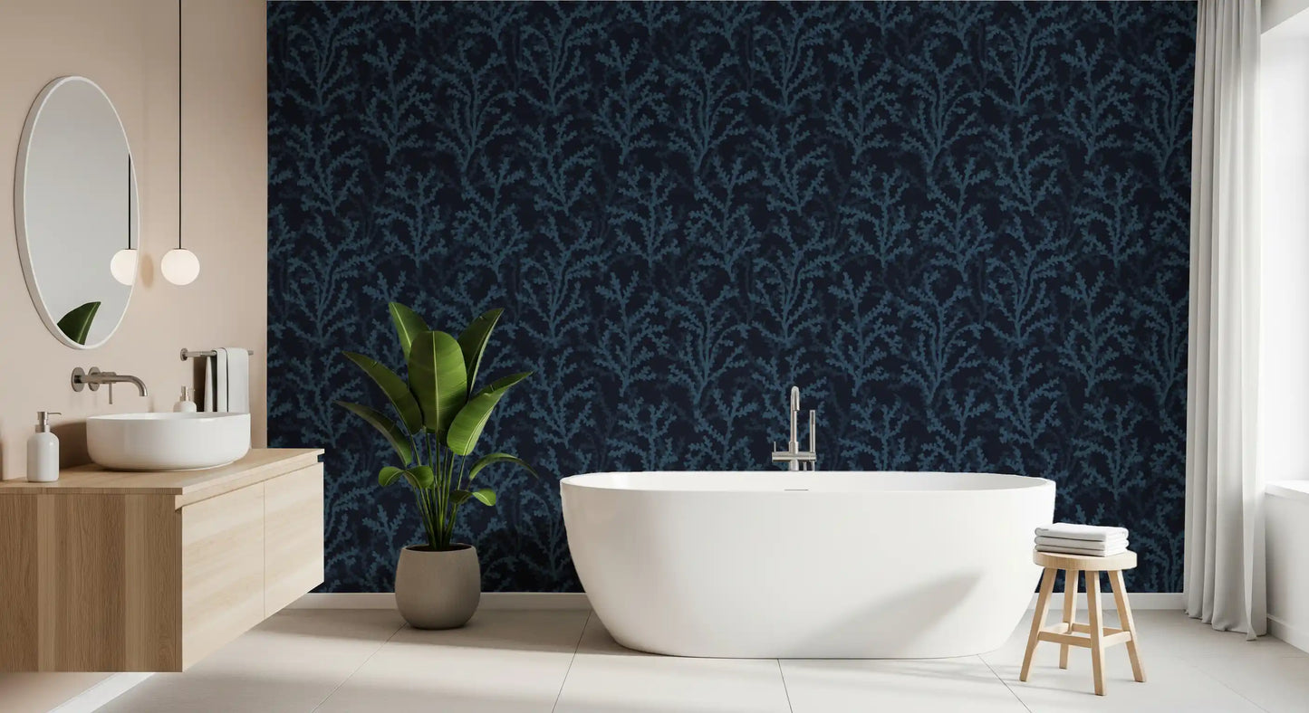 Painted Coraline Indian Teal Dark Wallpaper covering a bathroom feature wall.