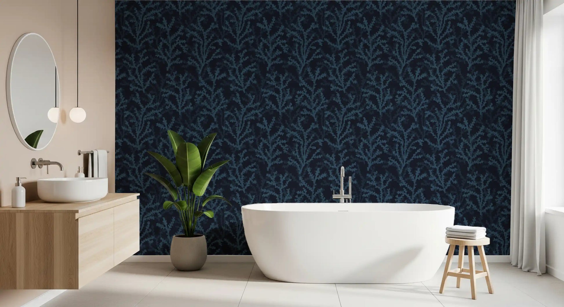 Painted Coraline Indian Teal Dark Wallpaper covering a bathroom feature wall.
