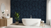 Painted Coraline Indian Teal Dark Wallpaper covering a bathroom feature wall.