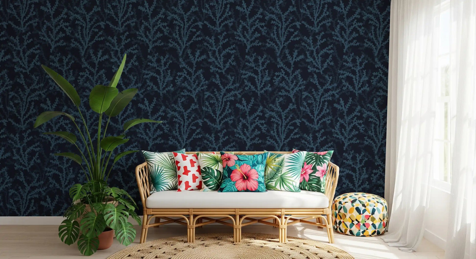 Teal aquatic plant wallpaper for an atmospheric and moody living room setup.
