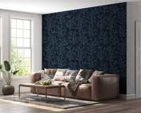 Teal botanical wallpaper displaying dark blue marine plant illustrations.