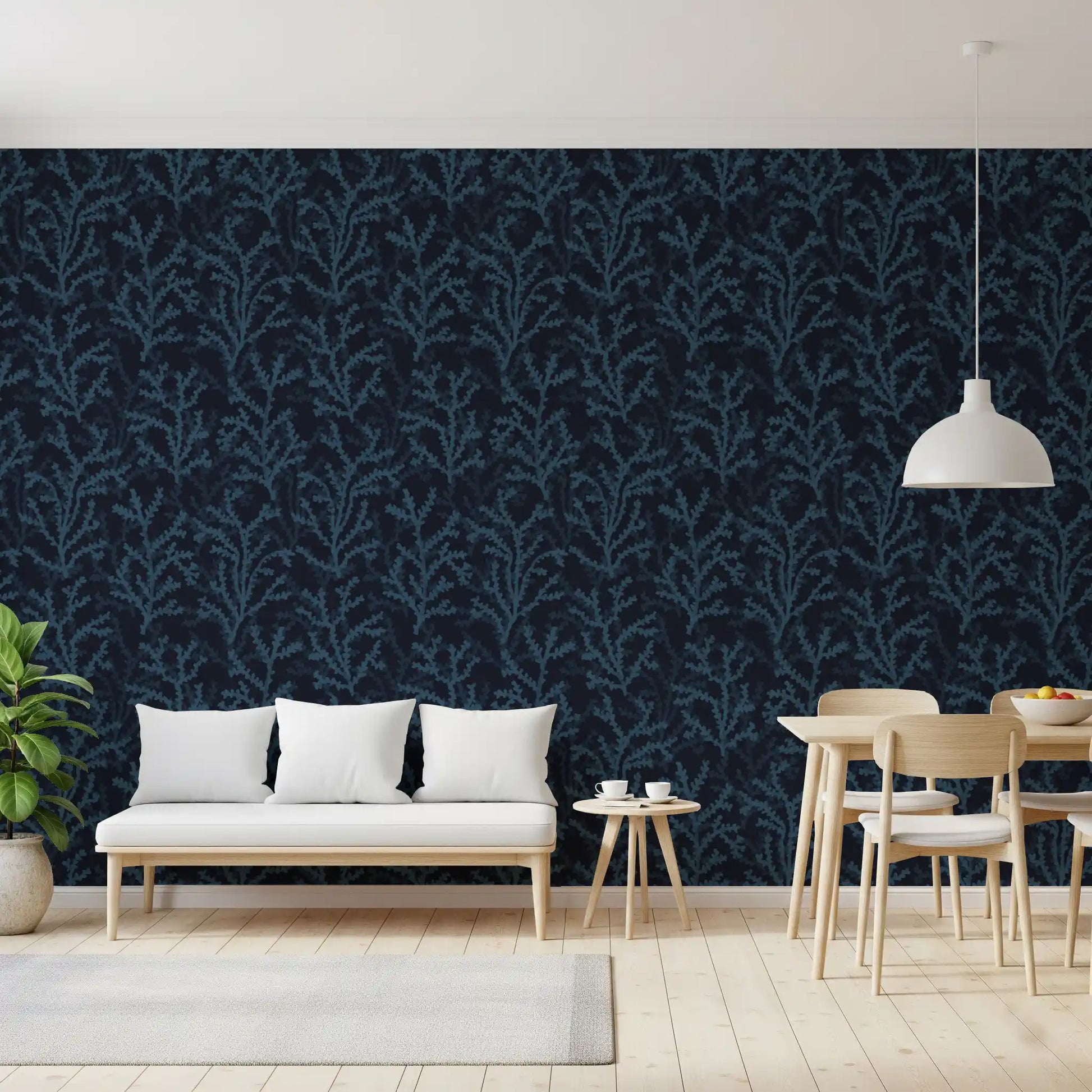 Dark floral wallpaper presenting deep blue and grey branching corals.