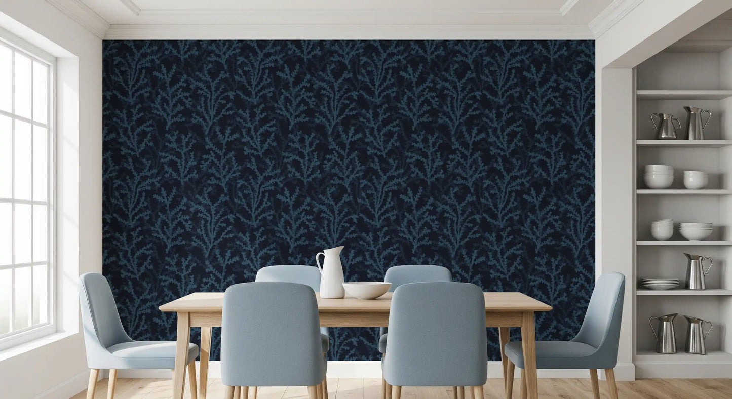 Painted Coraline Indian Teal Dark Wallpaper for home dining space.