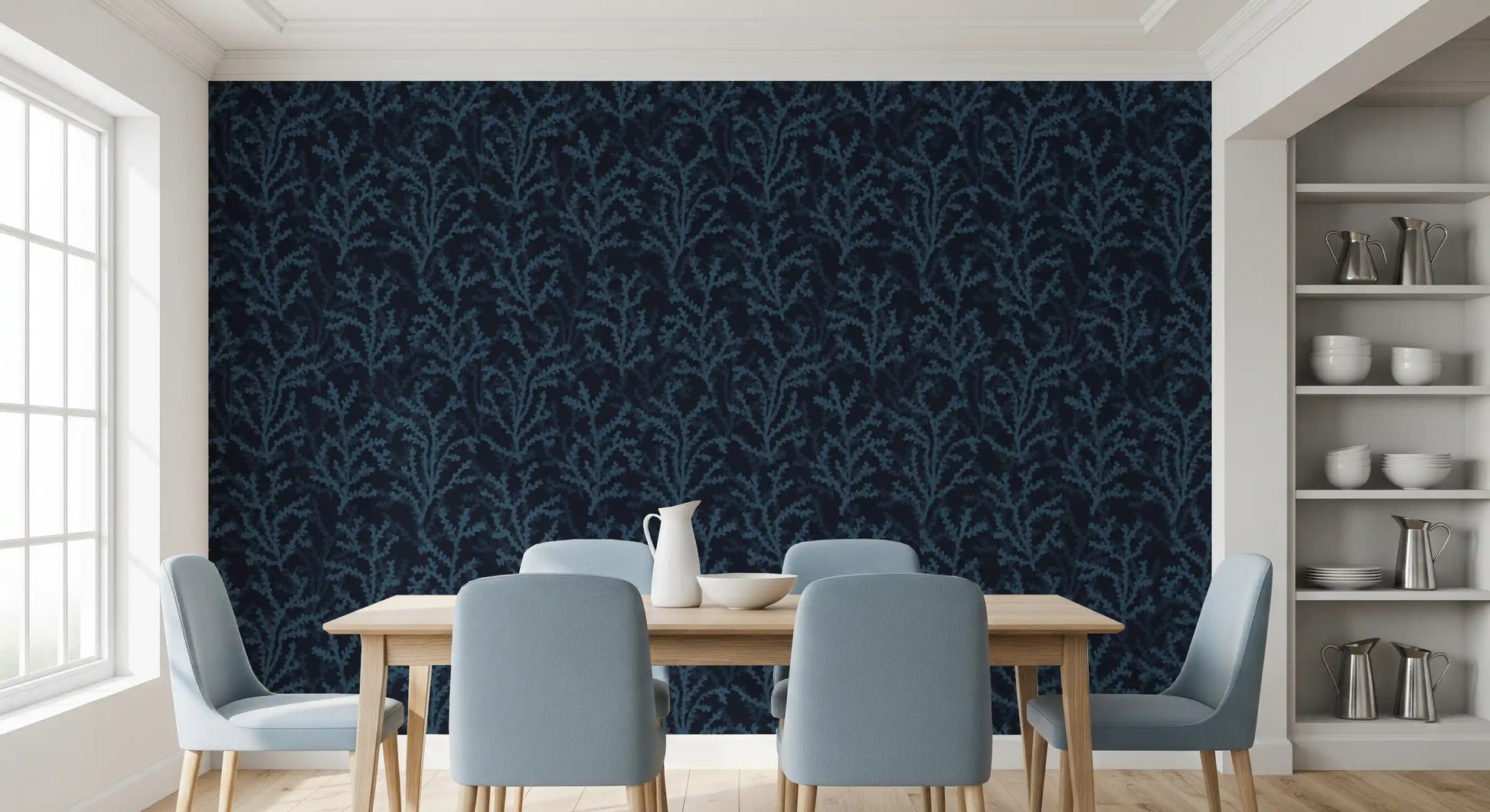 Painted Coraline Indian Teal Dark Wallpaper for home dining space.