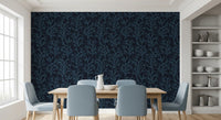 Painted Coraline Indian Teal Dark Wallpaper for home dining space.
