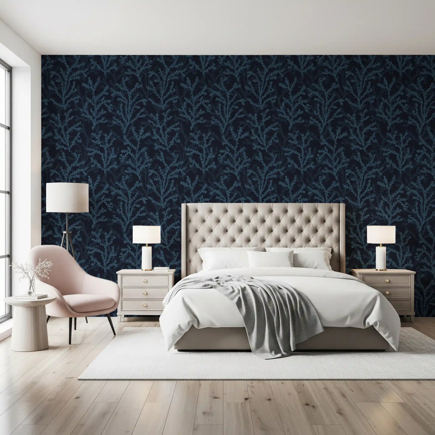Coraline inspired wallpaper with textured blue botanical silhouettes.