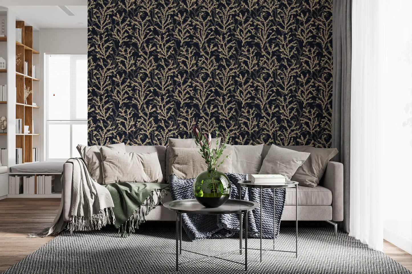 Dark botanical wallpaper with beige branch illustrations in bright living room.