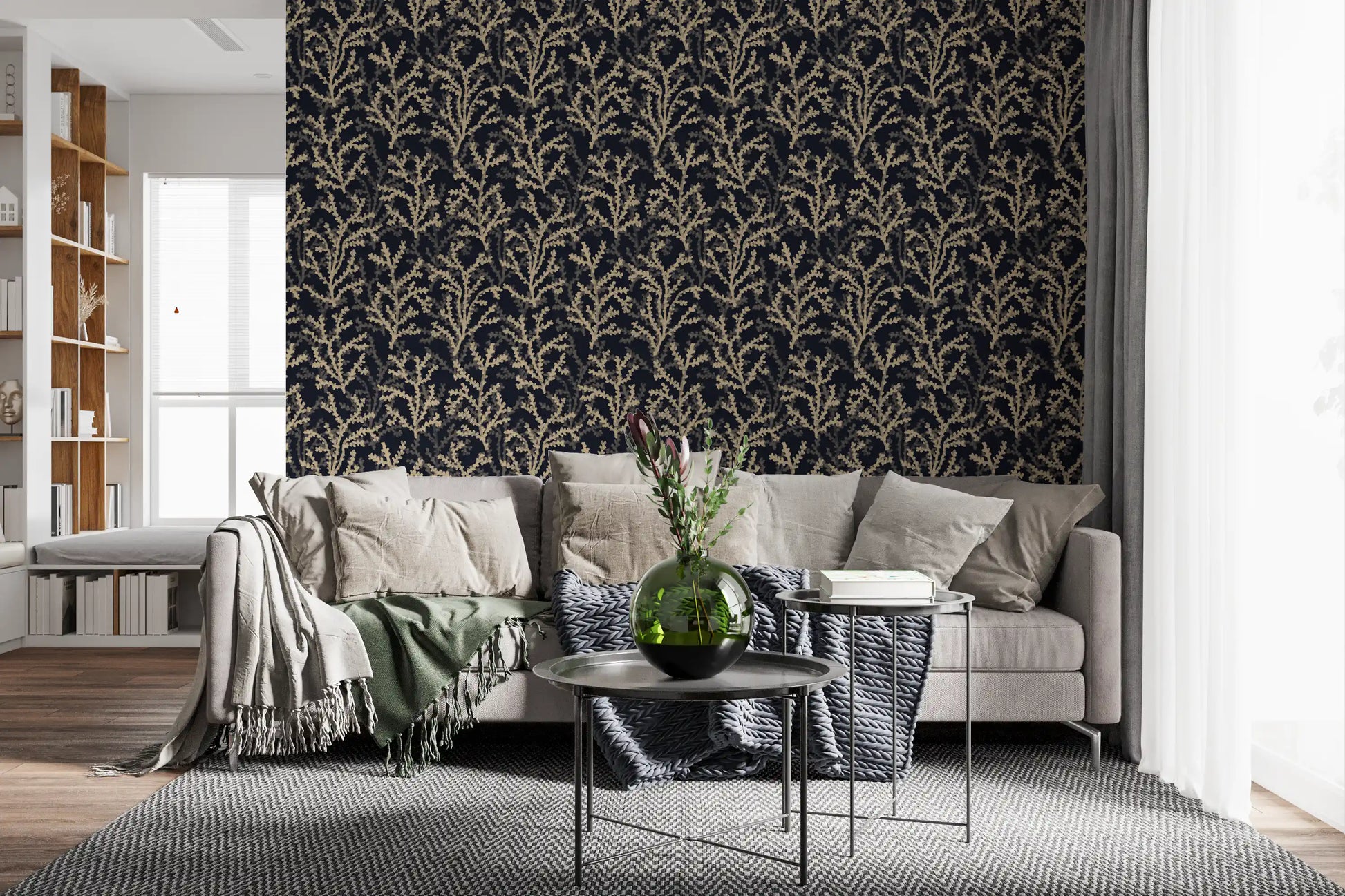 Dark botanical wallpaper with beige branch illustrations in bright living room.