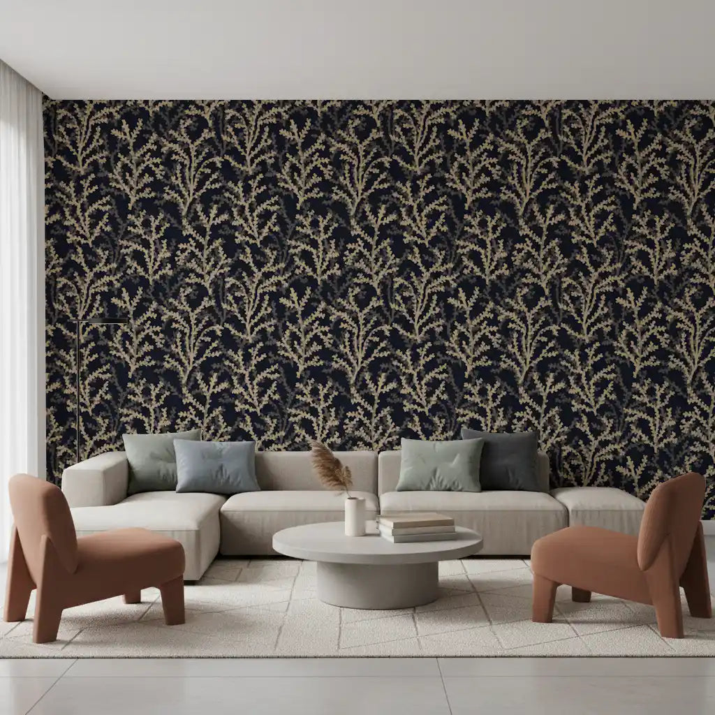 Sand colored branch design wallpaper for modern living room background styling.
