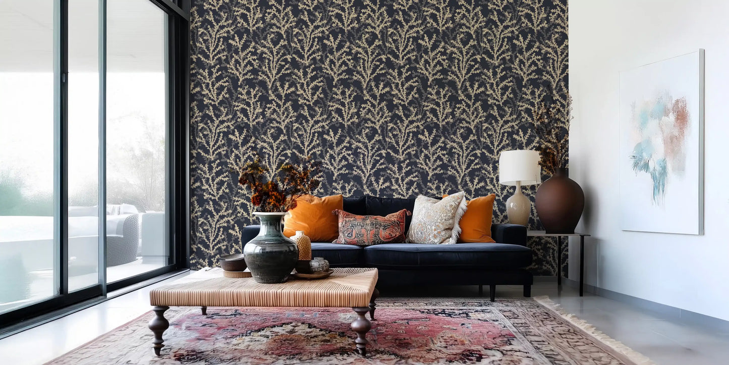 Painted texture wallpaper with repeating marine plant pattern on a navy background.