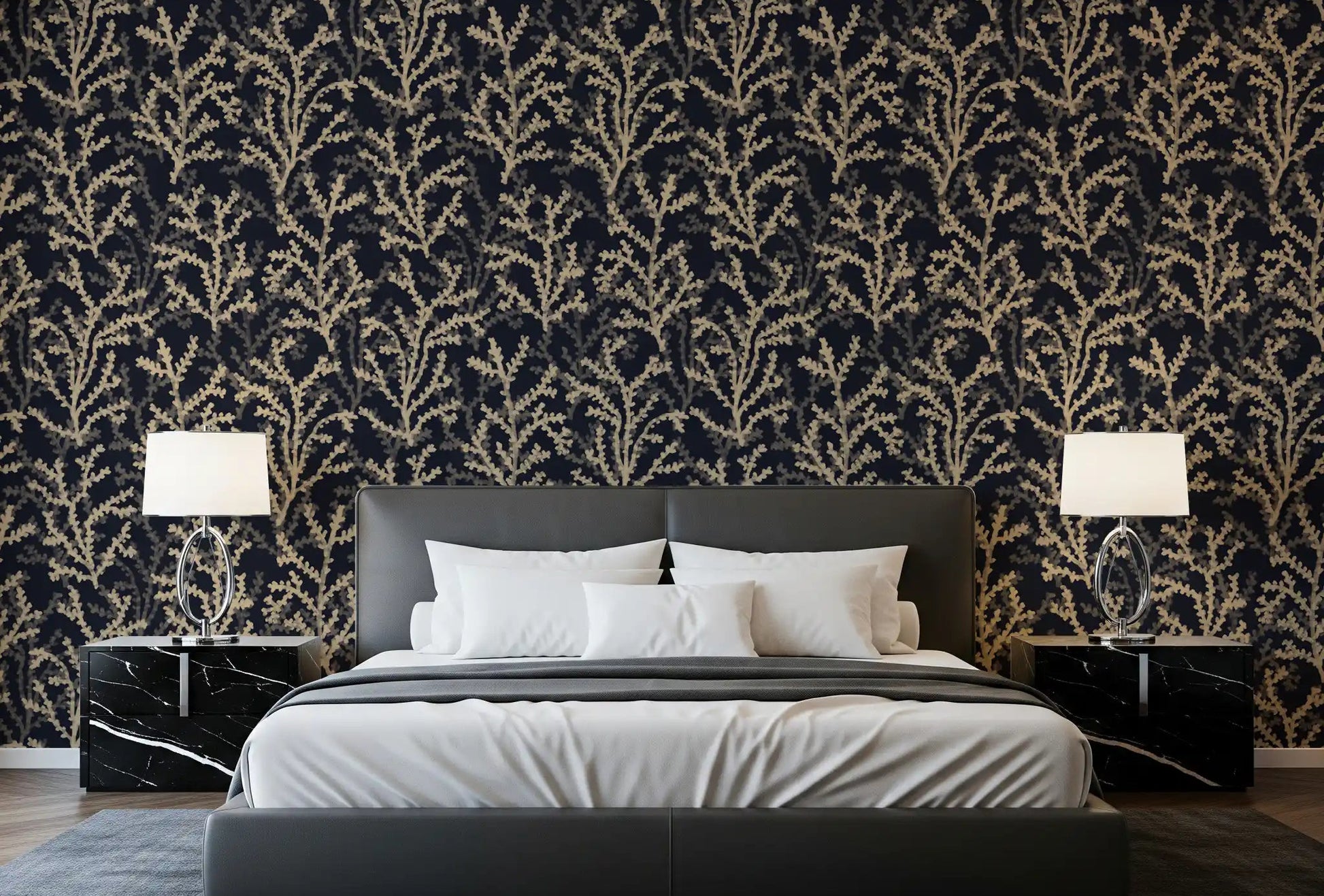 Painted Coraline Sand Dark Wallpaper with beige coral branches for bedroom.