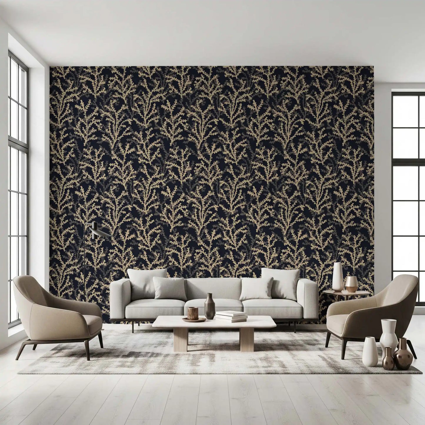Dark background wallpaper with beige painted coral branches for interior styling.