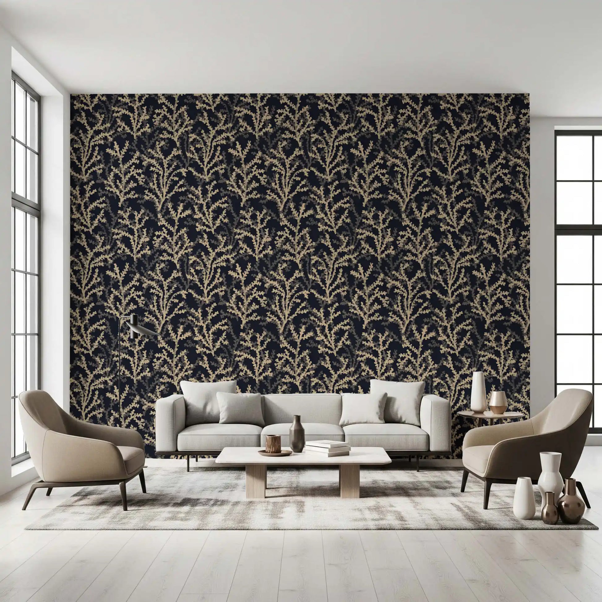 Dark background wallpaper with beige painted coral branches for interior styling.