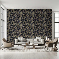 Dark background wallpaper with beige painted coral branches for interior styling.
