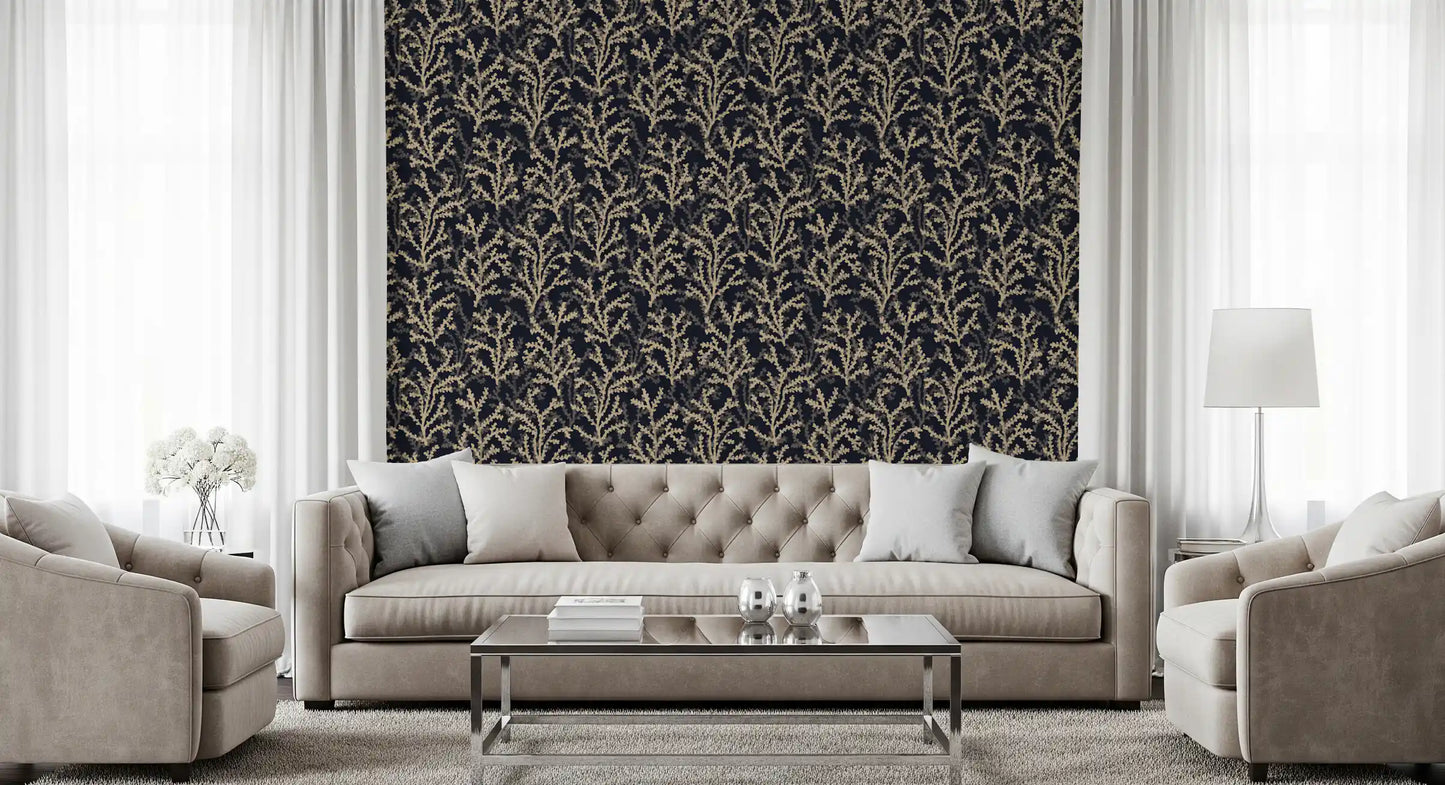 Painted Coraline Sand Dark Wallpaper showing botanical marine design for living room.