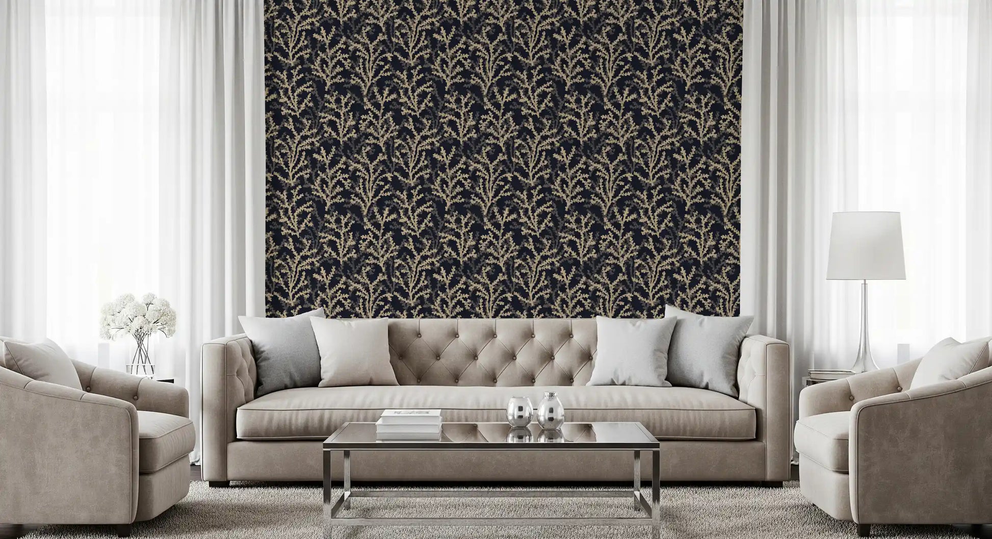Painted Coraline Sand Dark Wallpaper showing botanical marine design for living room.