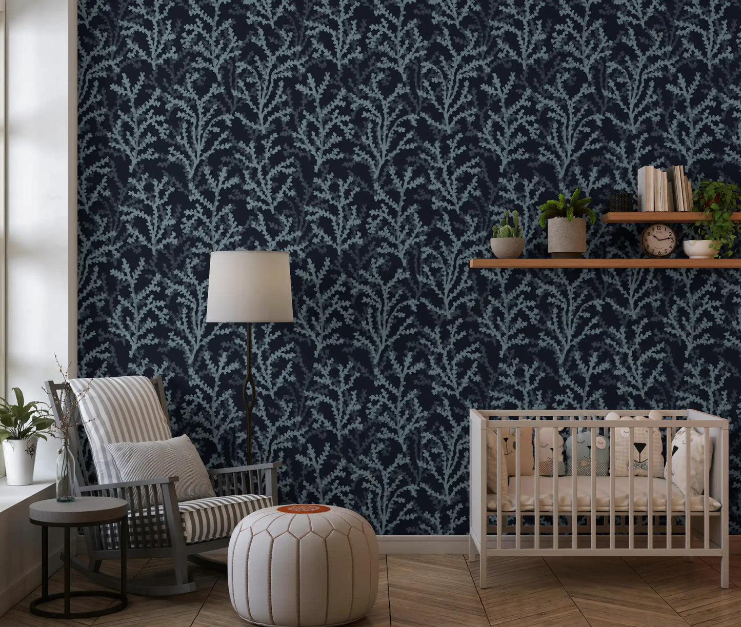 Dark wallpaper with textured aquatic branch patterns and leaves for nursery.