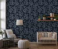 Dark wallpaper with textured aquatic branch patterns and leaves for nursery.