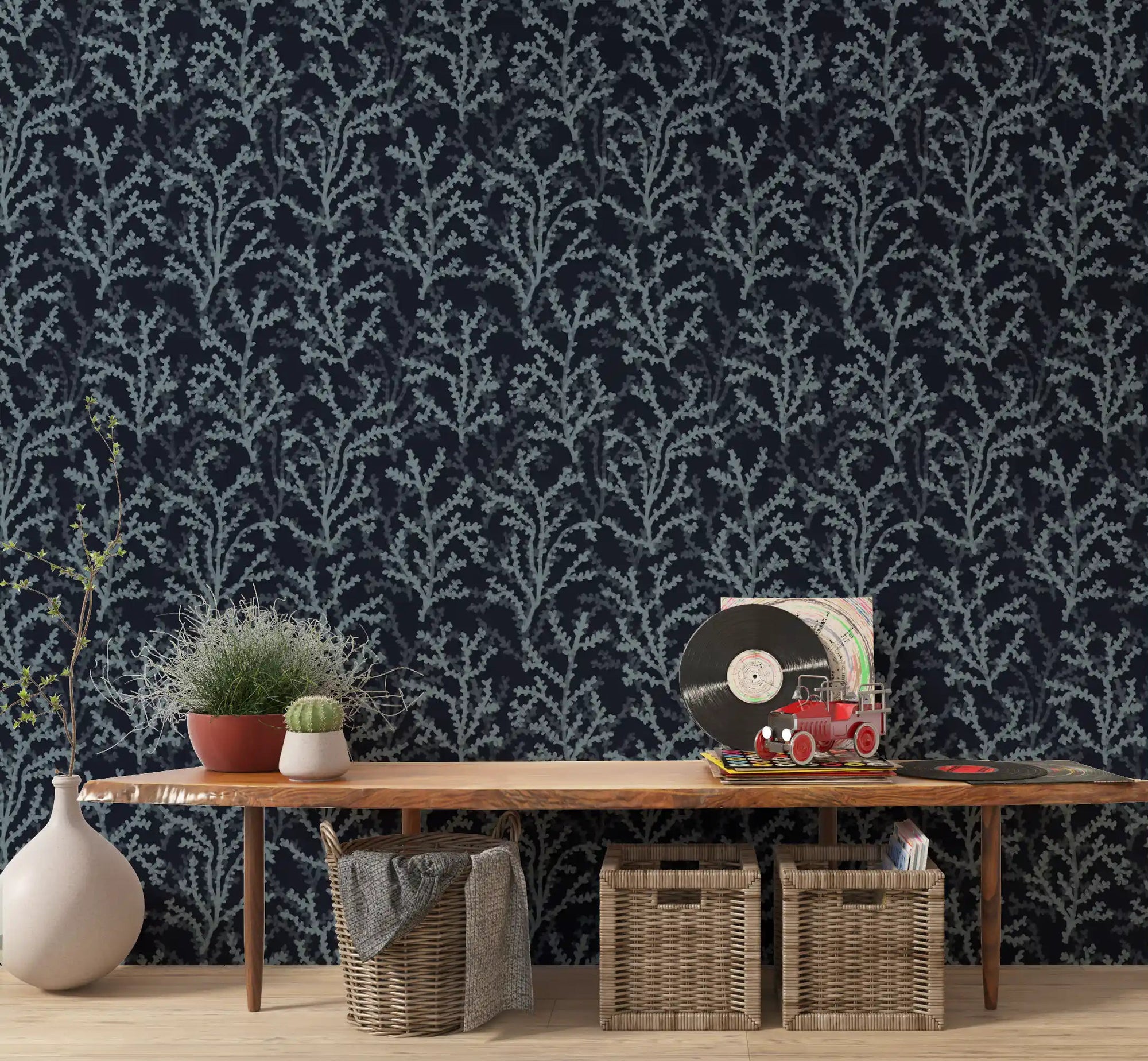 Painted Coraline Slate Gray Dark Wallpaper with coral branches for hallway., GD9883