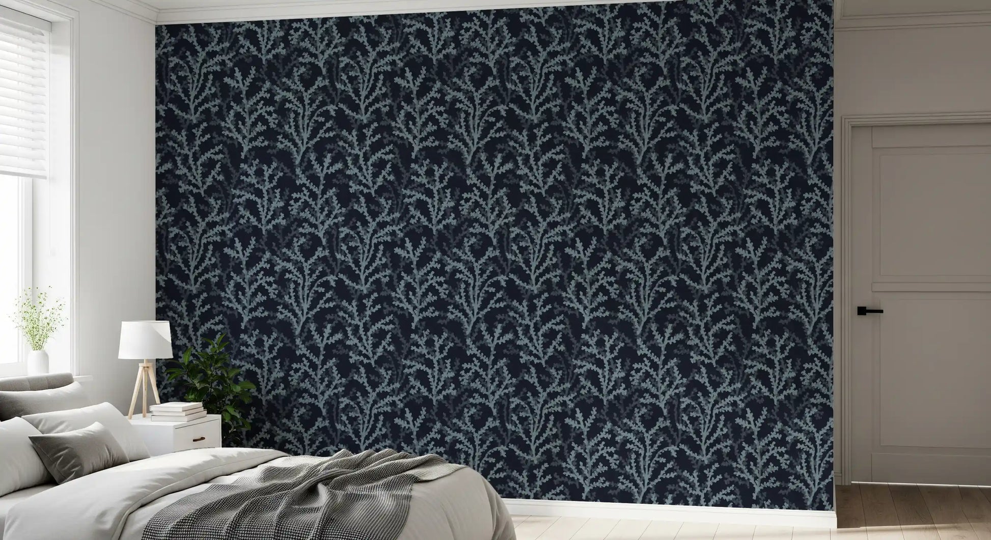 Painted Coraline Slate Gray Dark Wallpaper for feature walls in bedroom.