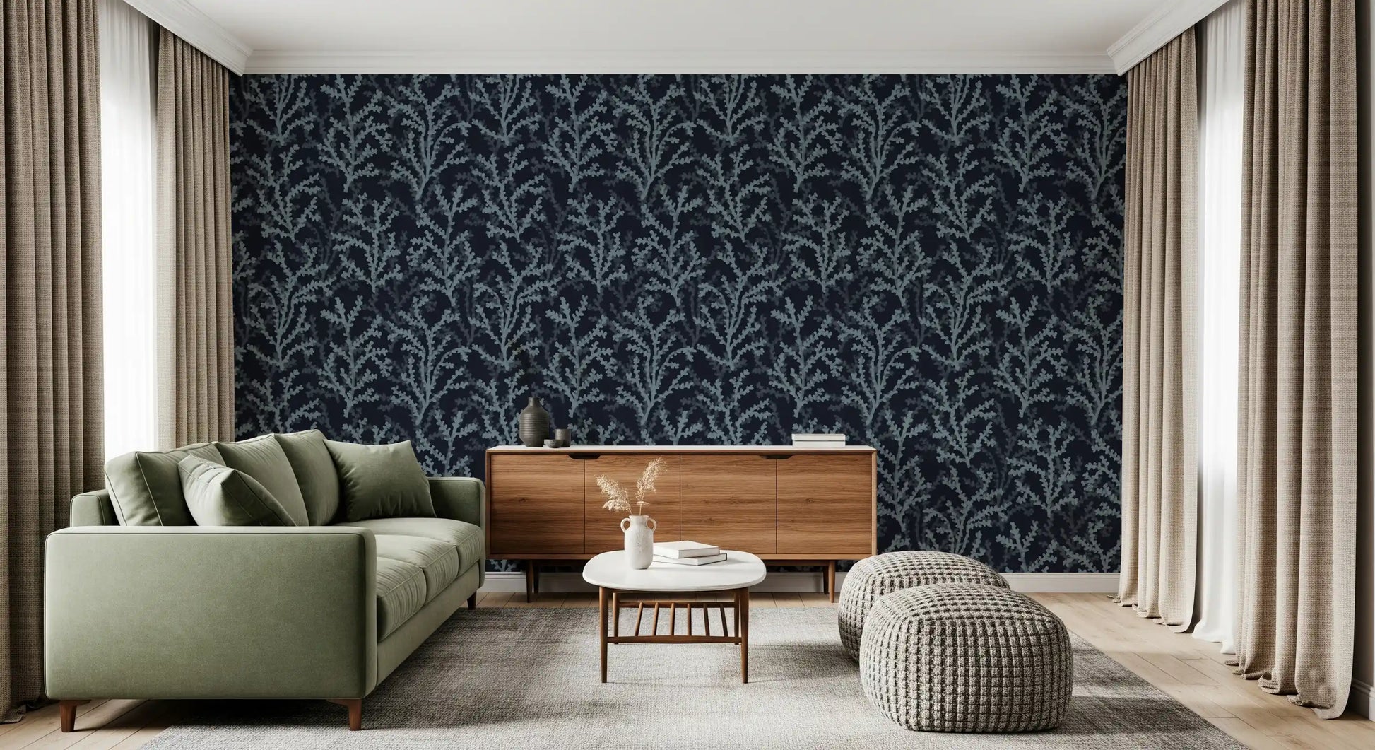 Gray dark wallpaper with layered painted marine foliage for living room walls.