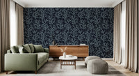 Gray dark wallpaper with layered painted marine foliage for living room walls.