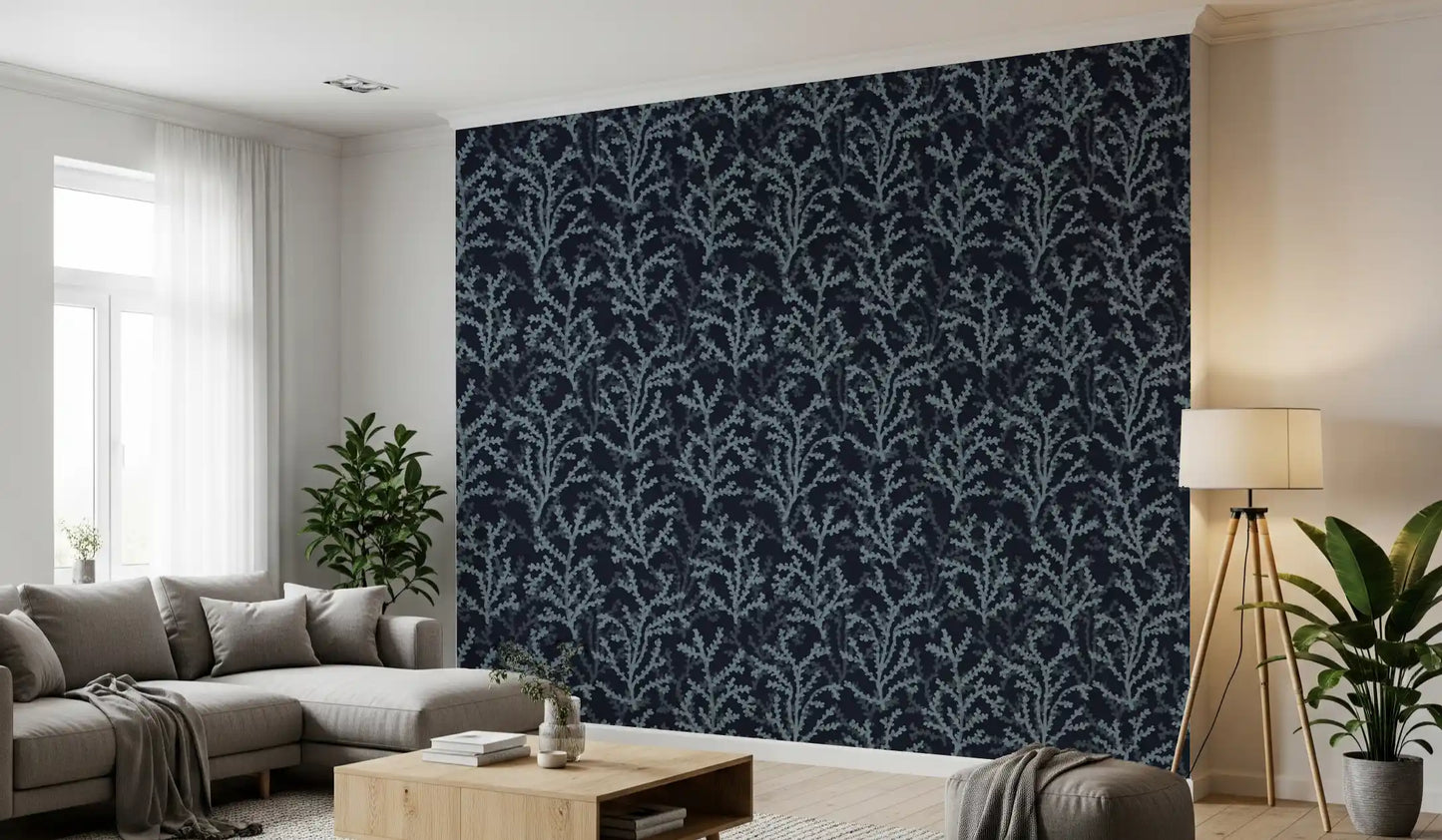 Coastal painted wallpaper featuring dark background and light blue flora.