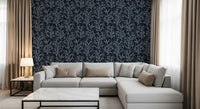 Dark gray marine wallpaper showing repeating painted botanical branches.