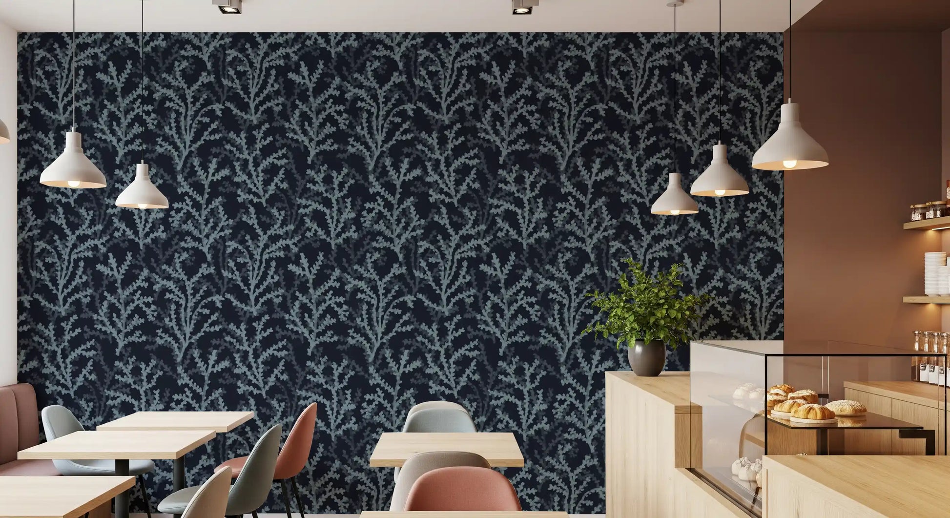 Painted Coraline Slate Gray Dark Wallpaper with oceanic reef branch motifs.